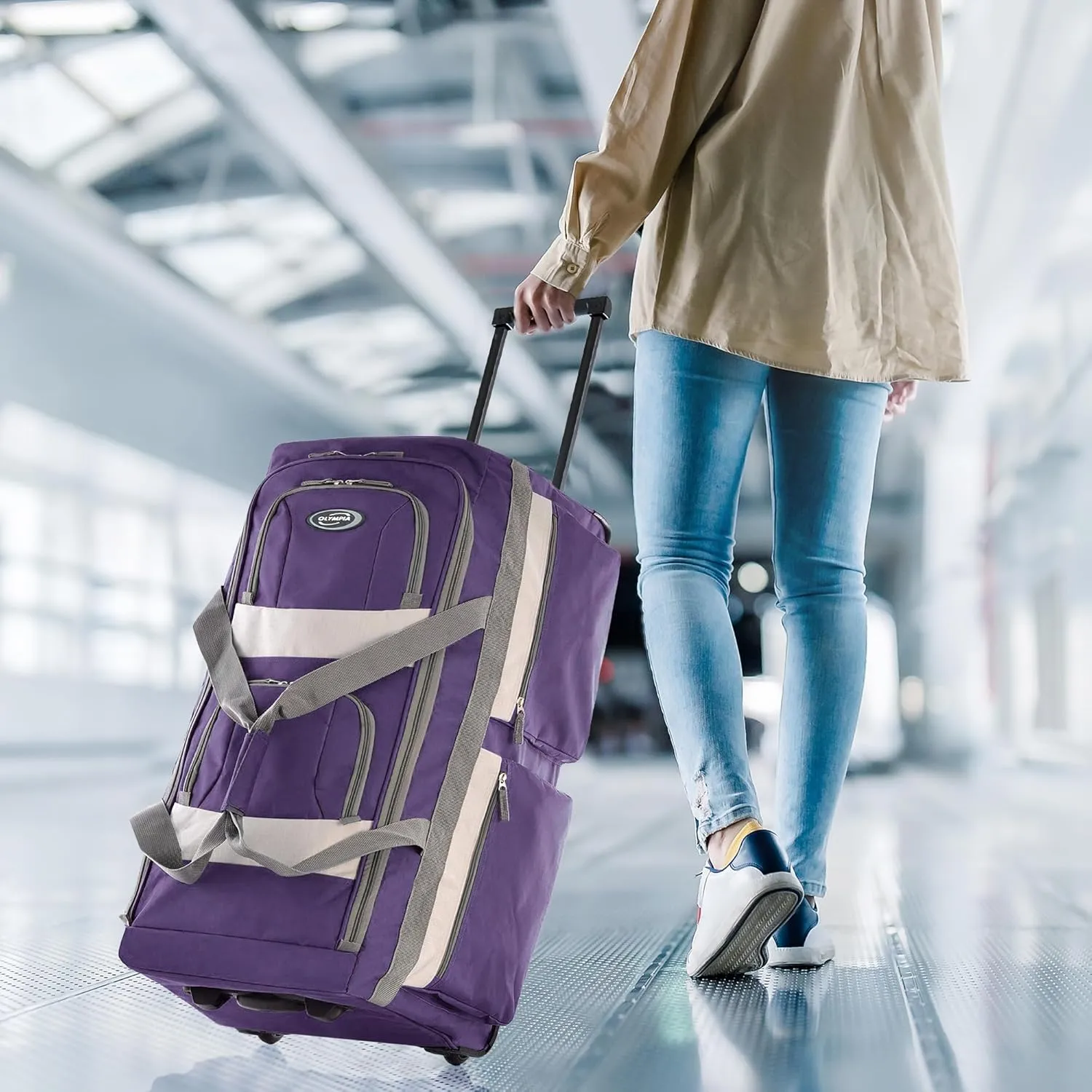 Olympia U.S.A. 22 inch Carry On 8 Pockets Wheeled Rolling Duffel Bag Water Resistant Luggage Lightweight Travel Suitcase with Retractable Handle