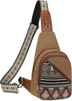 OPAGE Small Canvas Sling Bags for Women, Boho Crossbody Bags Fanny Packs Chest Bag for Hiking, Work, Shopping