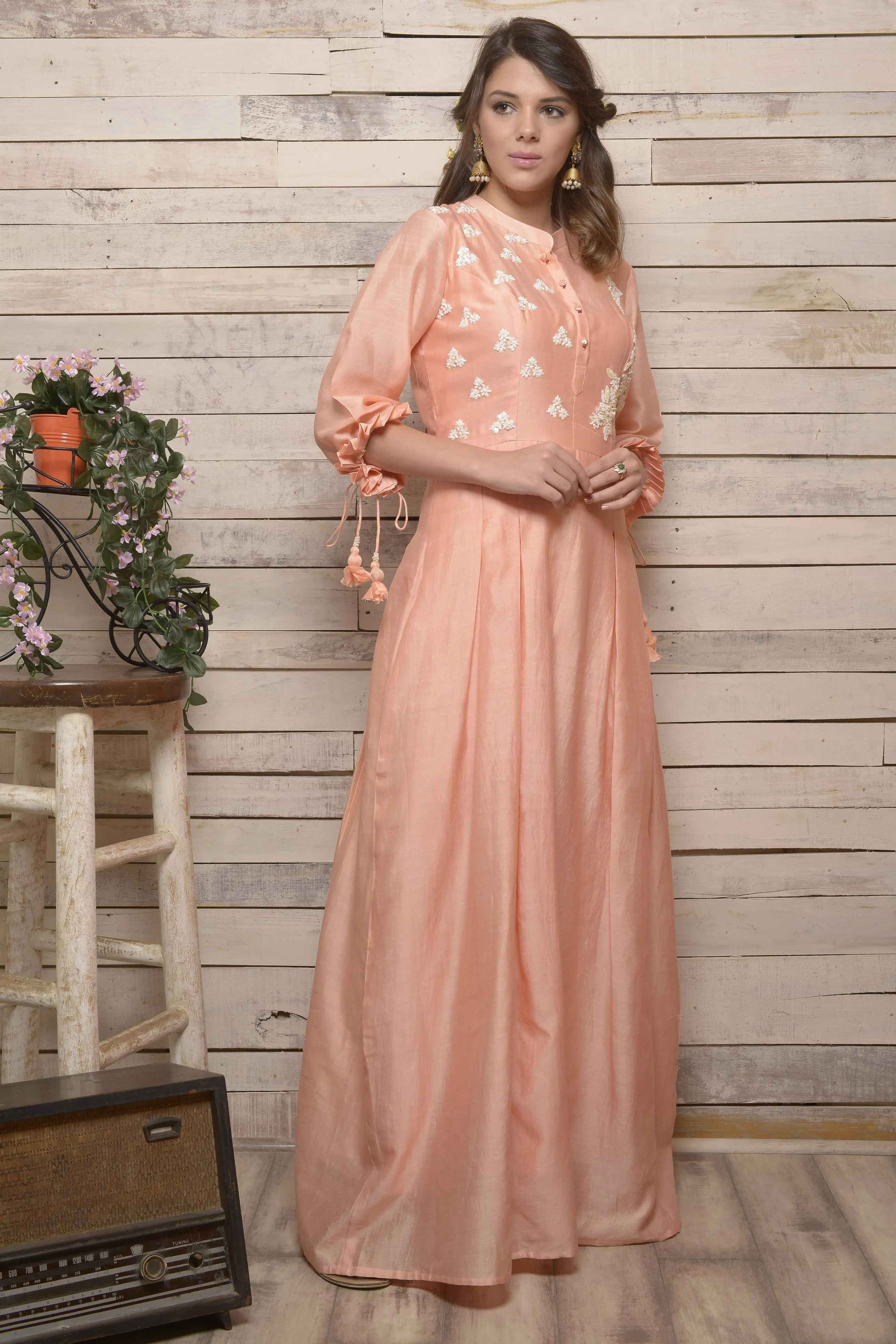 Peach Pleated Waist Dress