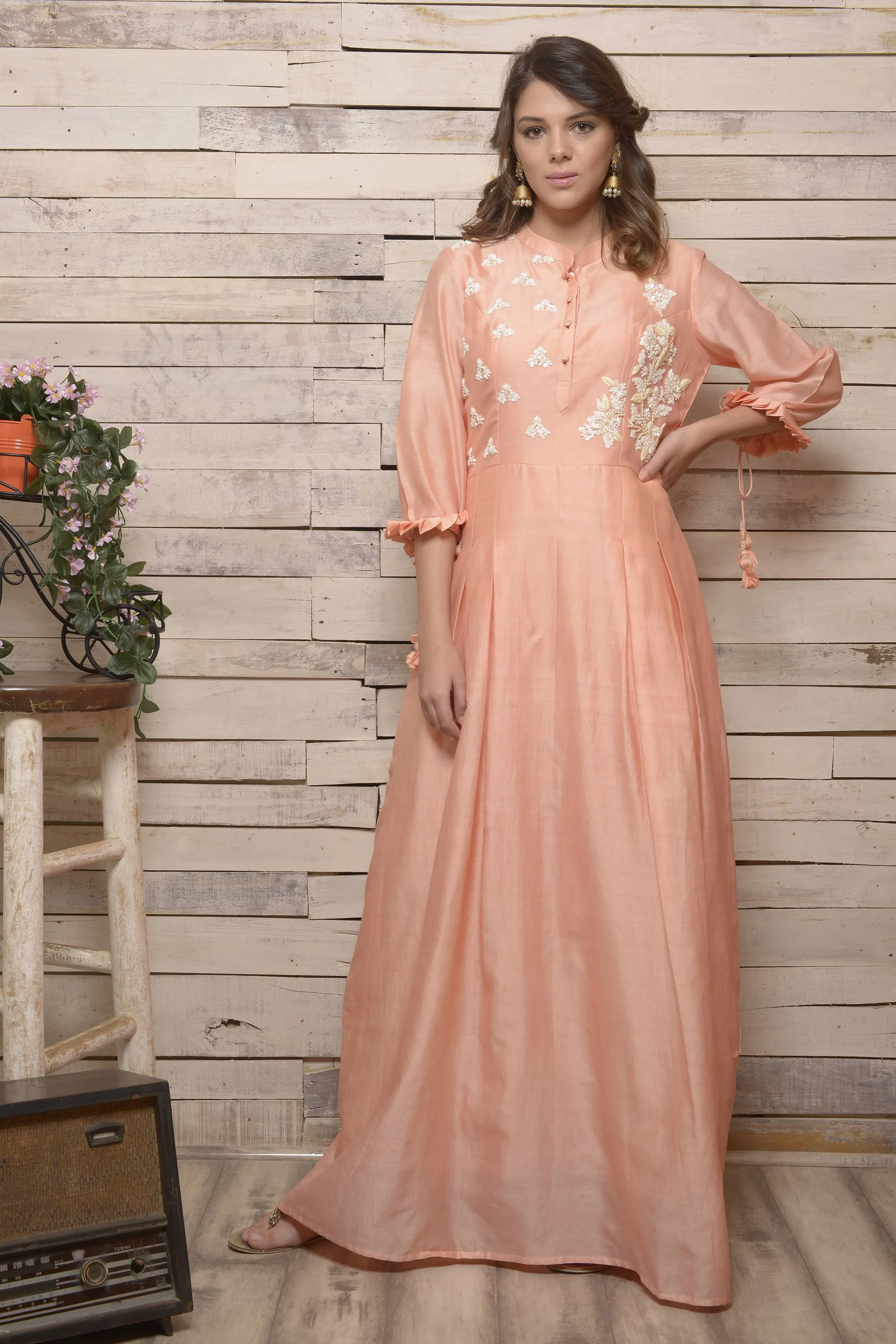 Peach Pleated Waist Dress