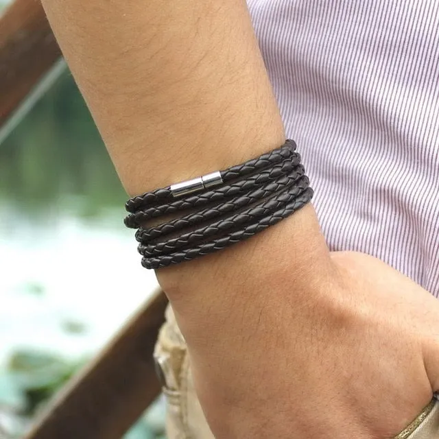 Retro Wrap Long Leather Bracelet - Chain link male charm bracelet with 5 laps