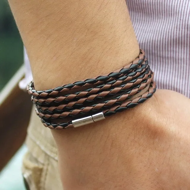 Retro Wrap Long Leather Bracelet - Chain link male charm bracelet with 5 laps