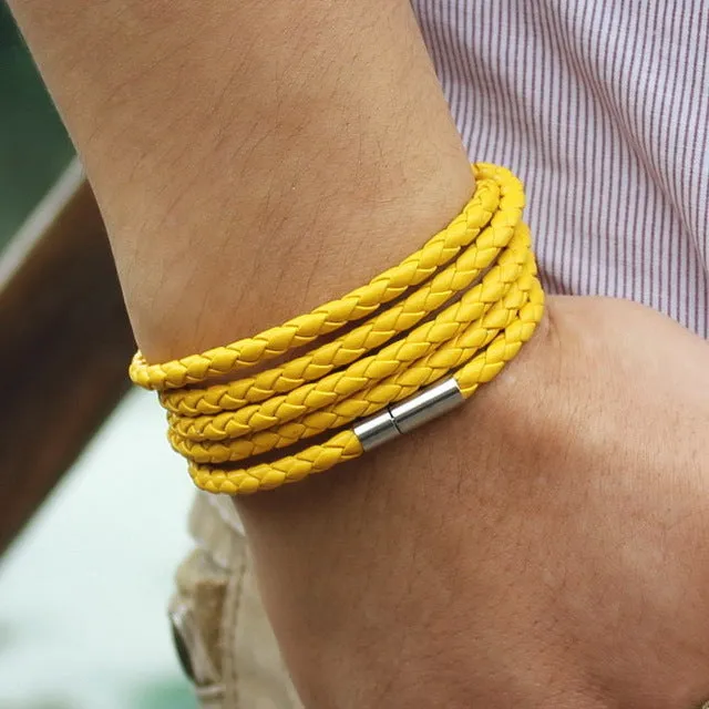 Retro Wrap Long Leather Bracelet - Chain link male charm bracelet with 5 laps