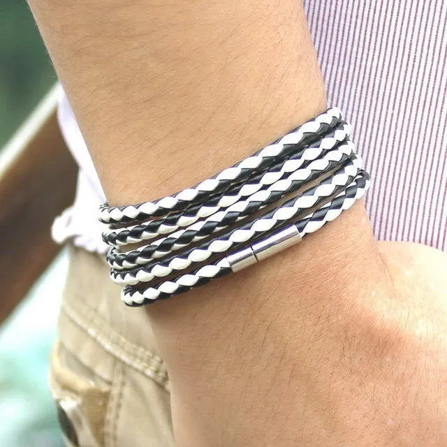 Retro Wrap Long Leather Bracelet - Chain link male charm bracelet with 5 laps