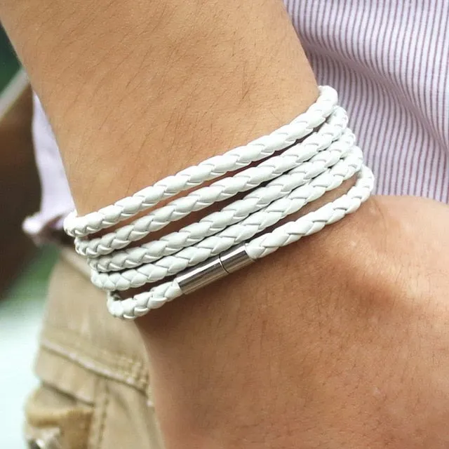 Retro Wrap Long Leather Bracelet - Chain link male charm bracelet with 5 laps