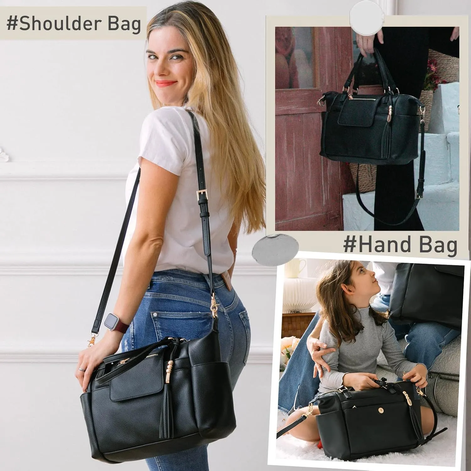 Small Diaper Bag,Mini Diaper Bag Tote, Leather Crossbody Diaper Bag Clutch with 12 Pocekts Diaper Bag Purses for Women Girls,Crossbody Strap,2 Insulated Pockets,Black