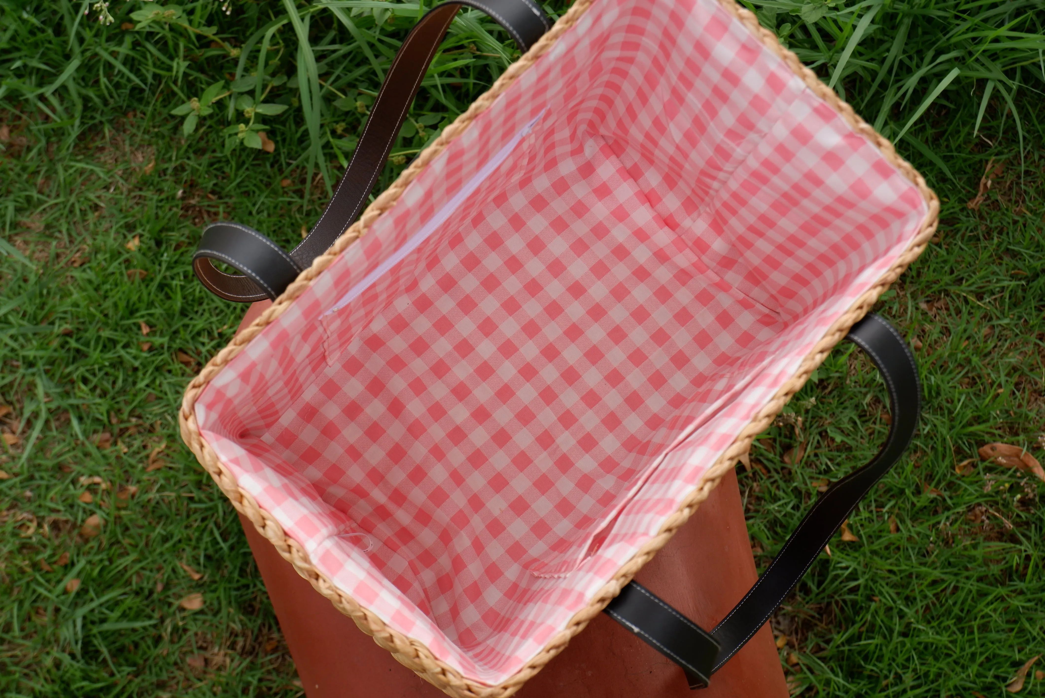 straw basket beach tote with leather handles