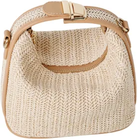 Straw Crossbody Bag for Women, Top Handle Woven Purse, Summer Handmade Bucket Clutch Fashion Beach Raffia Tote Handbag