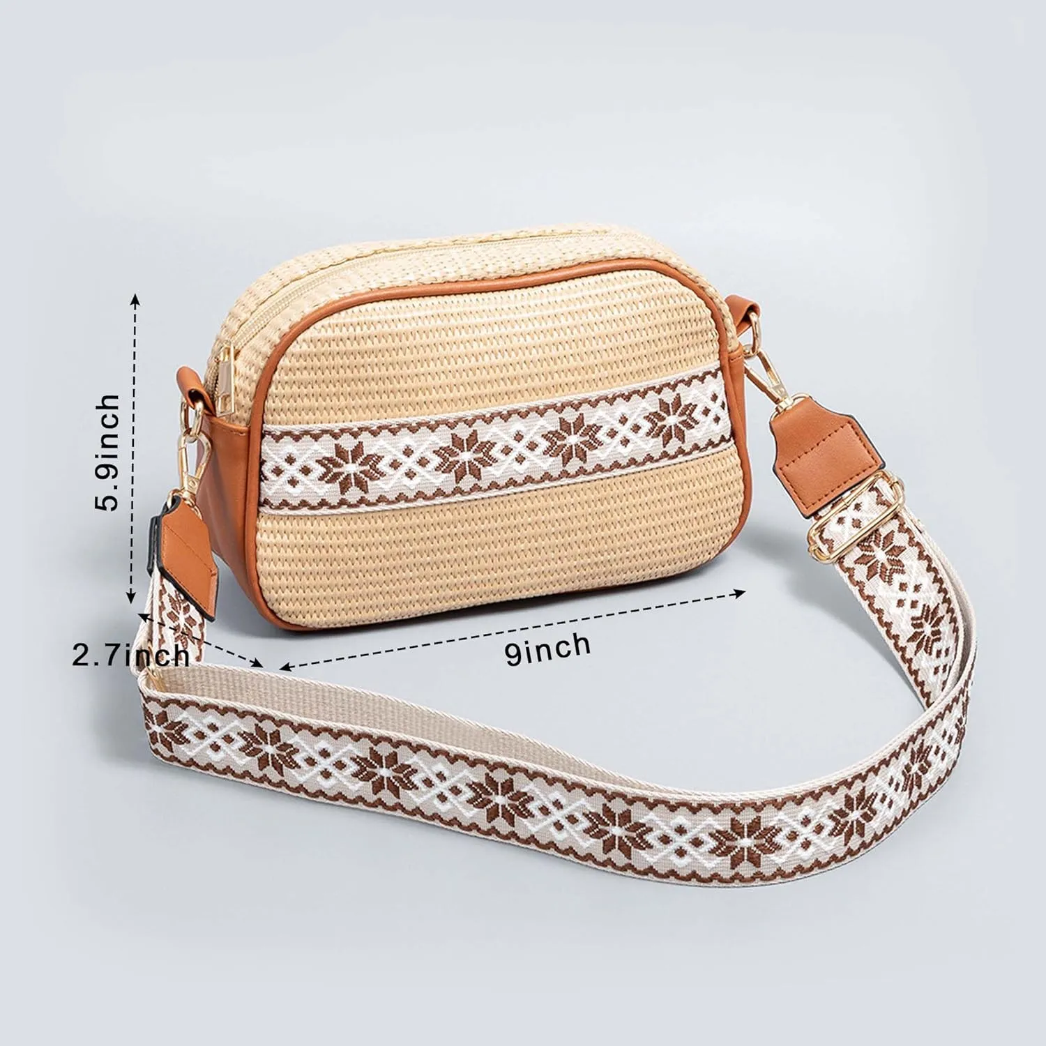 Straw Crossbody Bag for Women,Summer Beach Vacation Bag,Boho Woven Shoulder Handbag,with Canvas Strap,for Work Travel