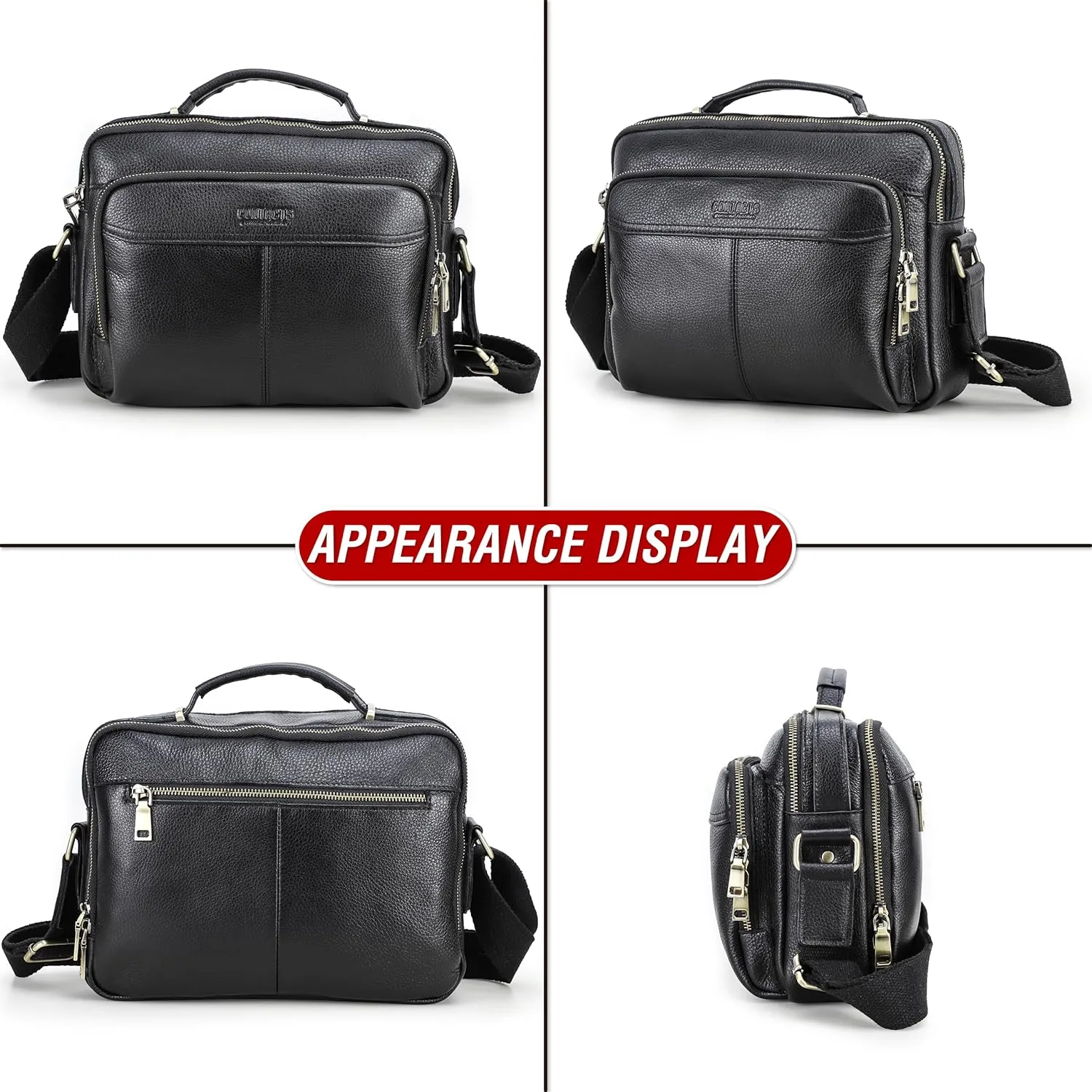 Top Grain Leather 11" Messenger Bag for Man & Woman, Multi Pockets, Fits to 8.3"/10.9" iPad for Daily/School/Business/Travel