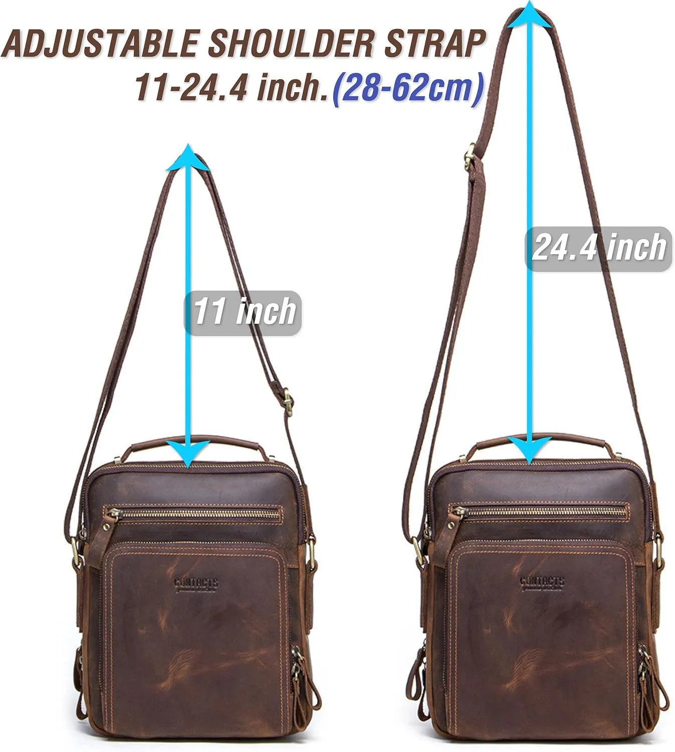 Top Grain Leather 11" Messenger Bag for Man & Woman, Multi Pockets, Fits to 8.3"/10.9" iPad for Daily/School/Business/Travel