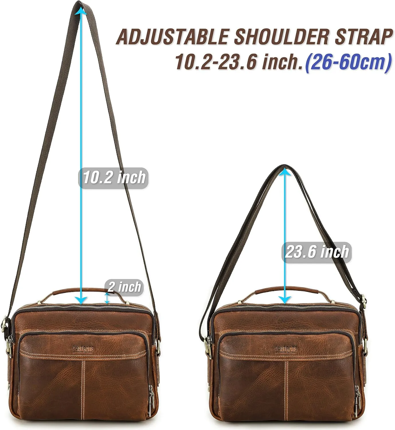 Top Grain Leather 11" Messenger Bag for Man & Woman, Multi Pockets, Fits to 8.3"/10.9" iPad for Daily/School/Business/Travel
