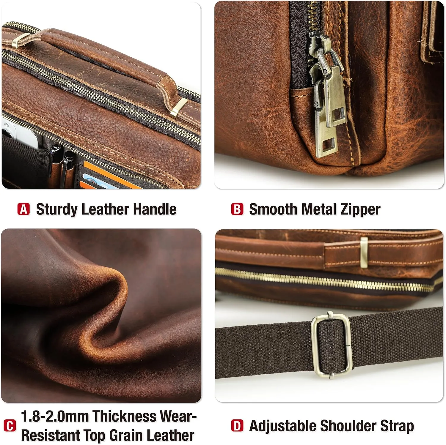 Top Grain Leather 11" Messenger Bag for Man & Woman, Multi Pockets, Fits to 8.3"/10.9" iPad for Daily/School/Business/Travel