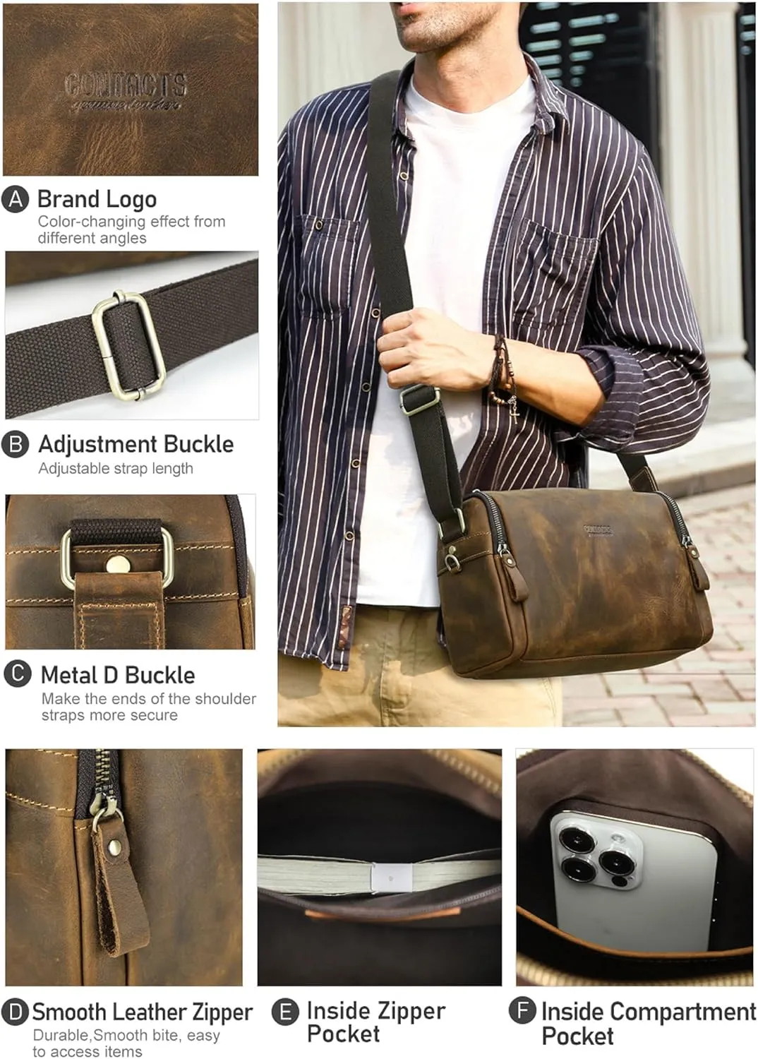 Top Grain Leather 11" Messenger Bag for Man & Woman, Multi Pockets, Fits to 8.3"/10.9" iPad for Daily/School/Business/Travel