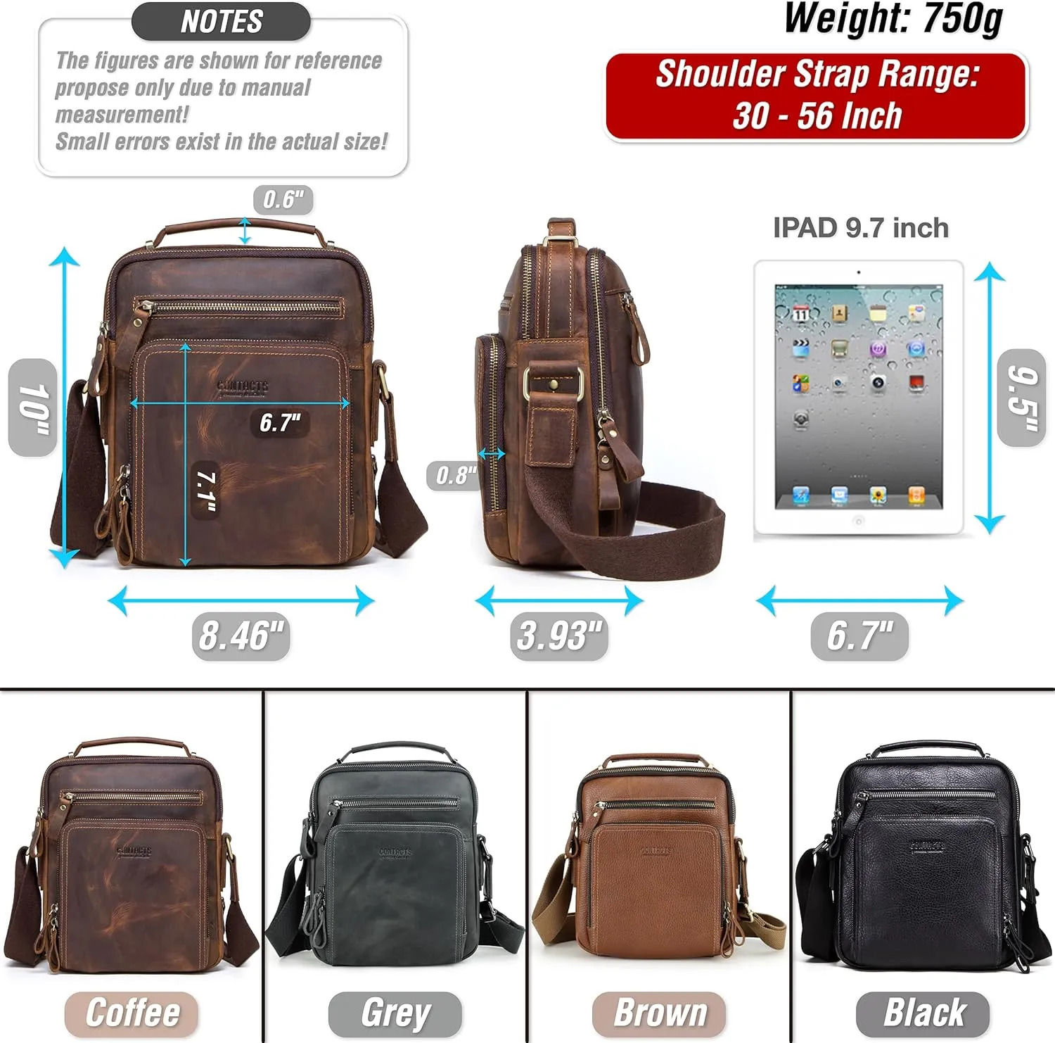 Top Grain Leather 11" Messenger Bag for Man & Woman, Multi Pockets, Fits to 8.3"/10.9" iPad for Daily/School/Business/Travel