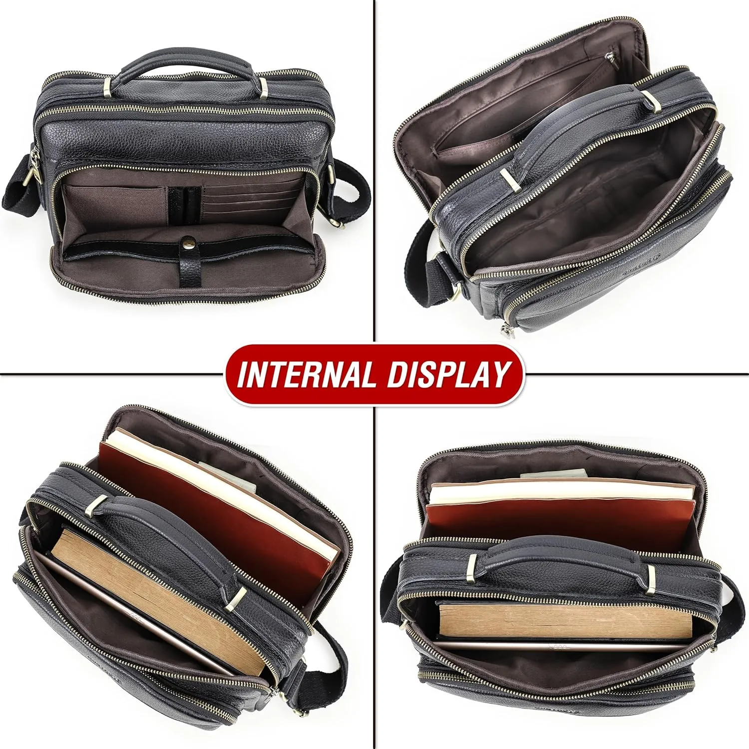 Top Grain Leather 11" Messenger Bag for Man & Woman, Multi Pockets, Fits to 8.3"/10.9" iPad for Daily/School/Business/Travel