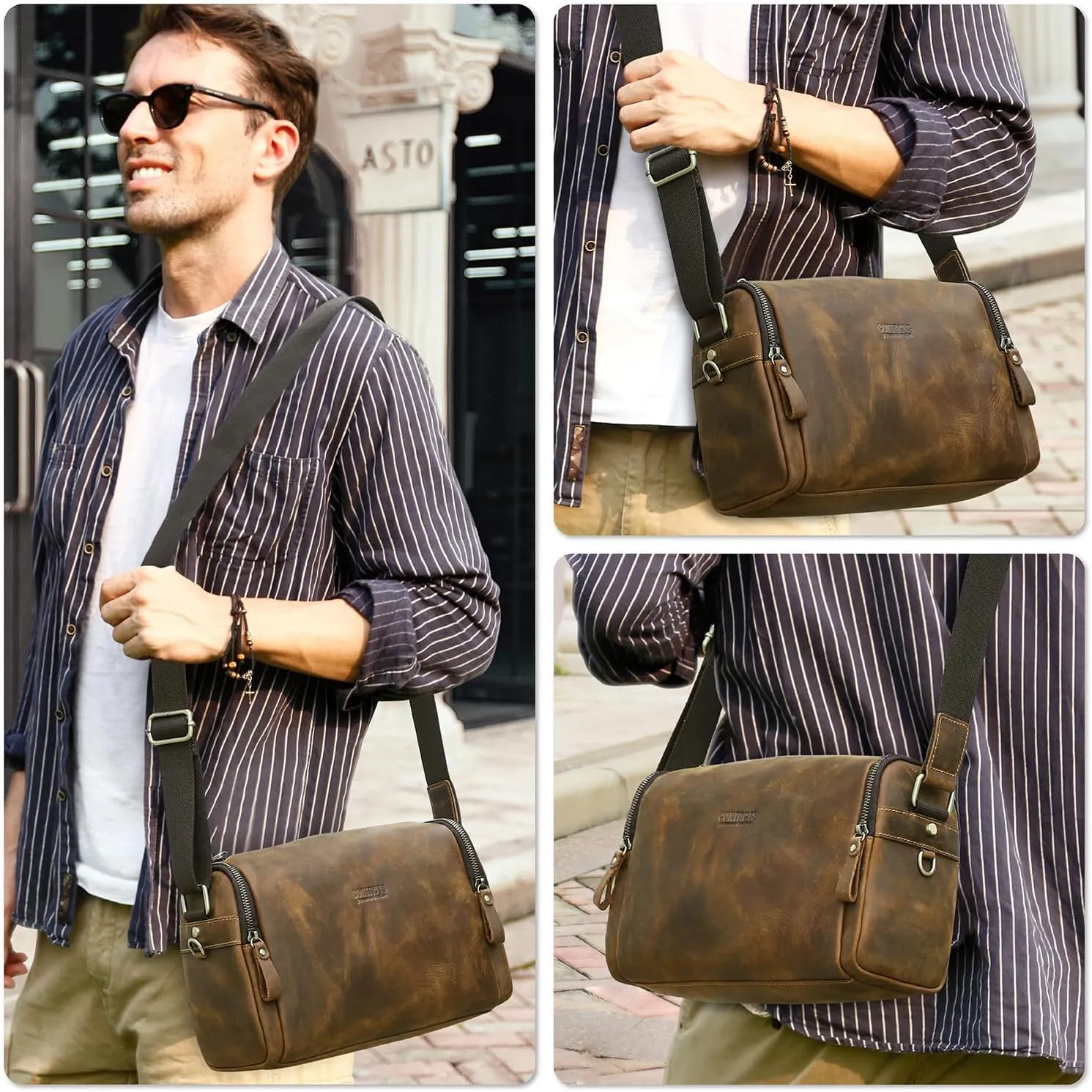 Top Grain Leather 11" Messenger Bag for Man & Woman, Multi Pockets, Fits to 8.3"/10.9" iPad for Daily/School/Business/Travel