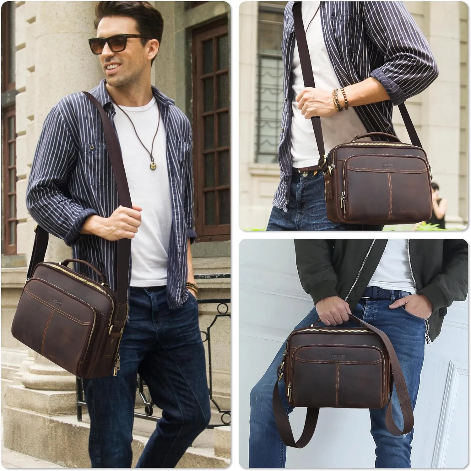 Top Grain Leather 11" Messenger Bag for Man & Woman, Multi Pockets, Fits to 8.3"/10.9" iPad for Daily/School/Business/Travel
