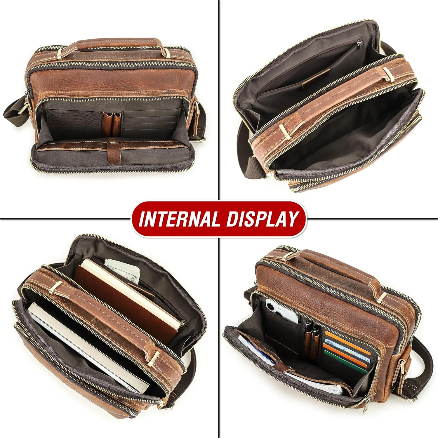Top Grain Leather 11" Messenger Bag for Man & Woman, Multi Pockets, Fits to 8.3"/10.9" iPad for Daily/School/Business/Travel