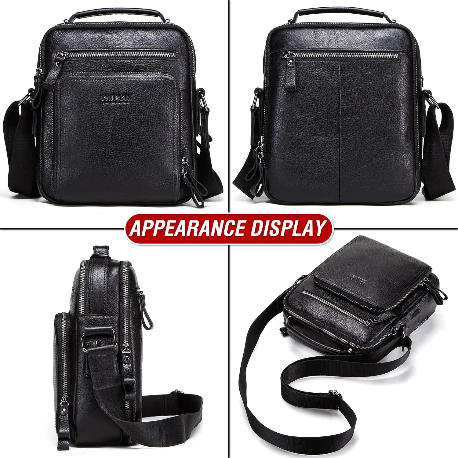 Top Grain Leather 11" Messenger Bag for Man & Woman, Multi Pockets, Fits to 8.3"/10.9" iPad for Daily/School/Business/Travel
