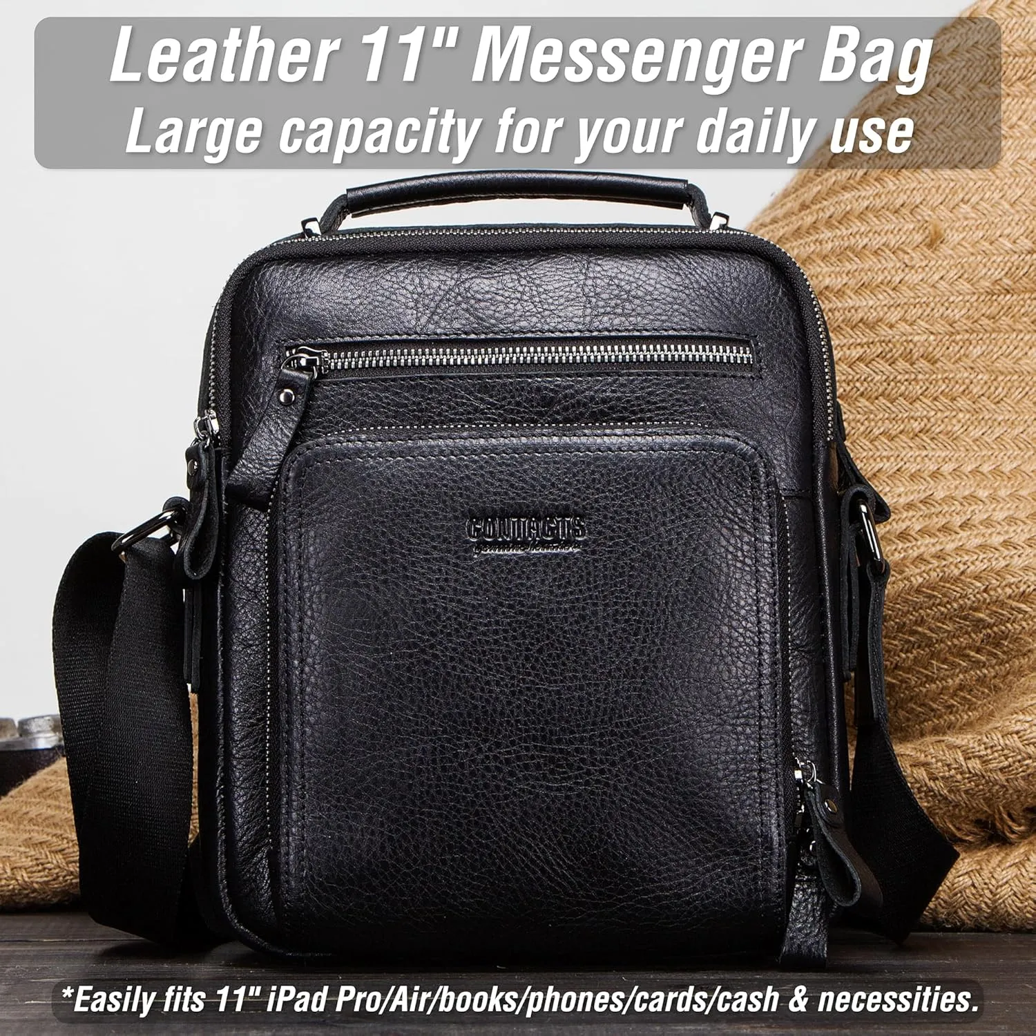 Top Grain Leather 11" Messenger Bag for Man & Woman, Multi Pockets, Fits to 8.3"/10.9" iPad for Daily/School/Business/Travel