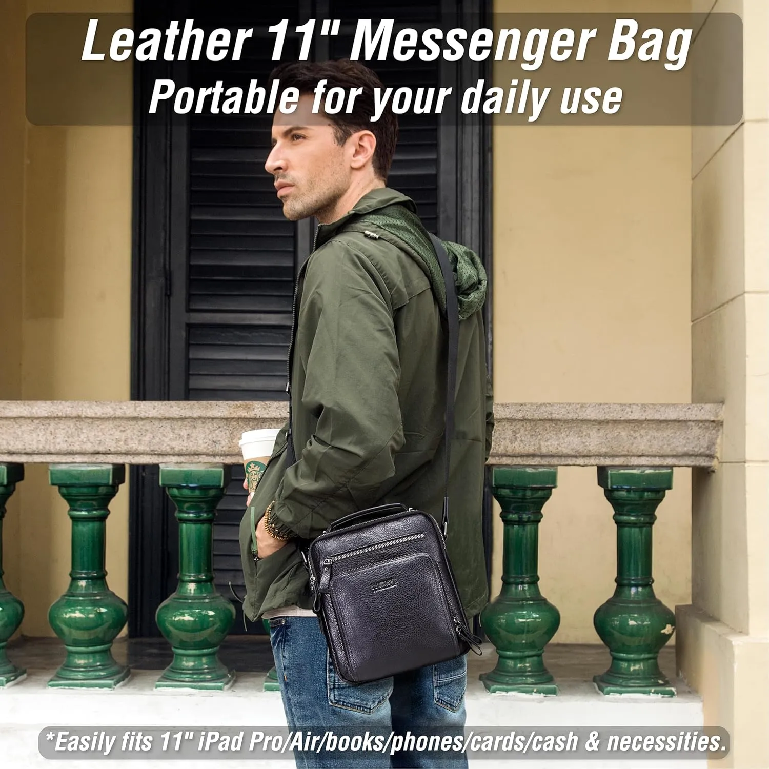 Top Grain Leather 11" Messenger Bag for Man & Woman, Multi Pockets, Fits to 8.3"/10.9" iPad for Daily/School/Business/Travel