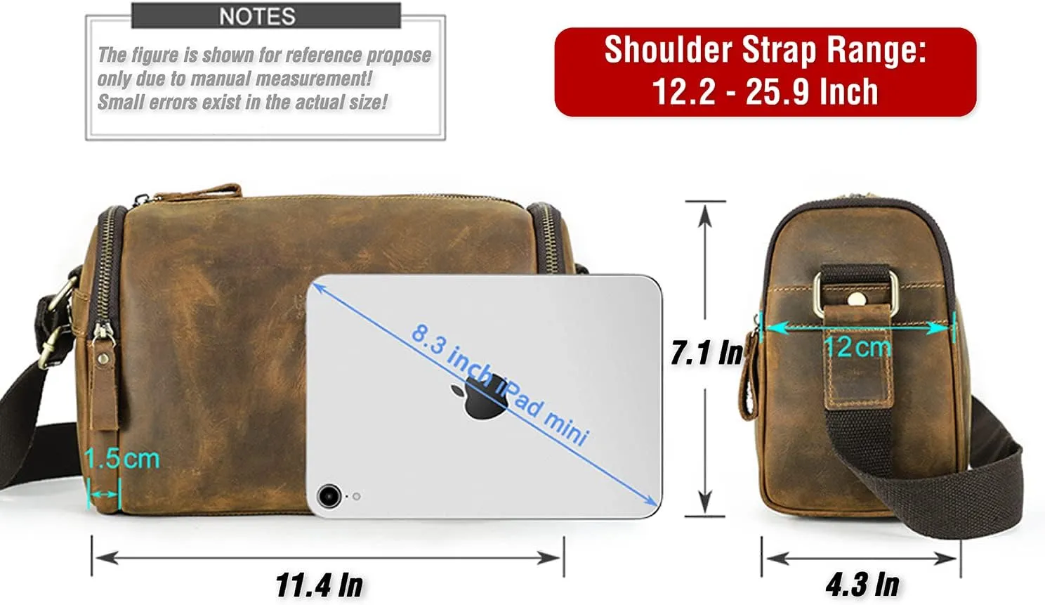 Top Grain Leather 11" Messenger Bag for Man & Woman, Multi Pockets, Fits to 8.3"/10.9" iPad for Daily/School/Business/Travel