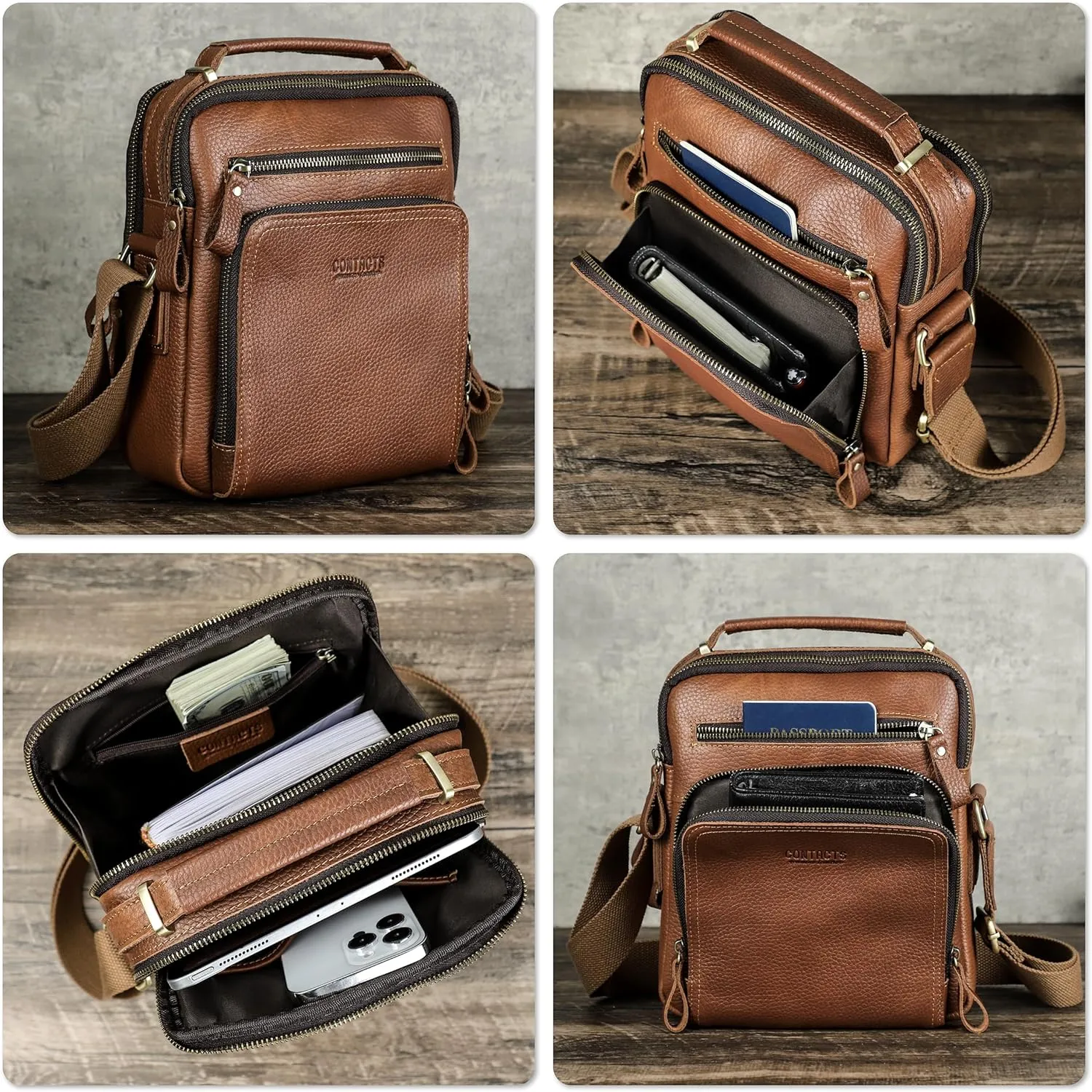 Top Grain Leather 11" Messenger Bag for Man & Woman, Multi Pockets, Fits to 8.3"/10.9" iPad for Daily/School/Business/Travel