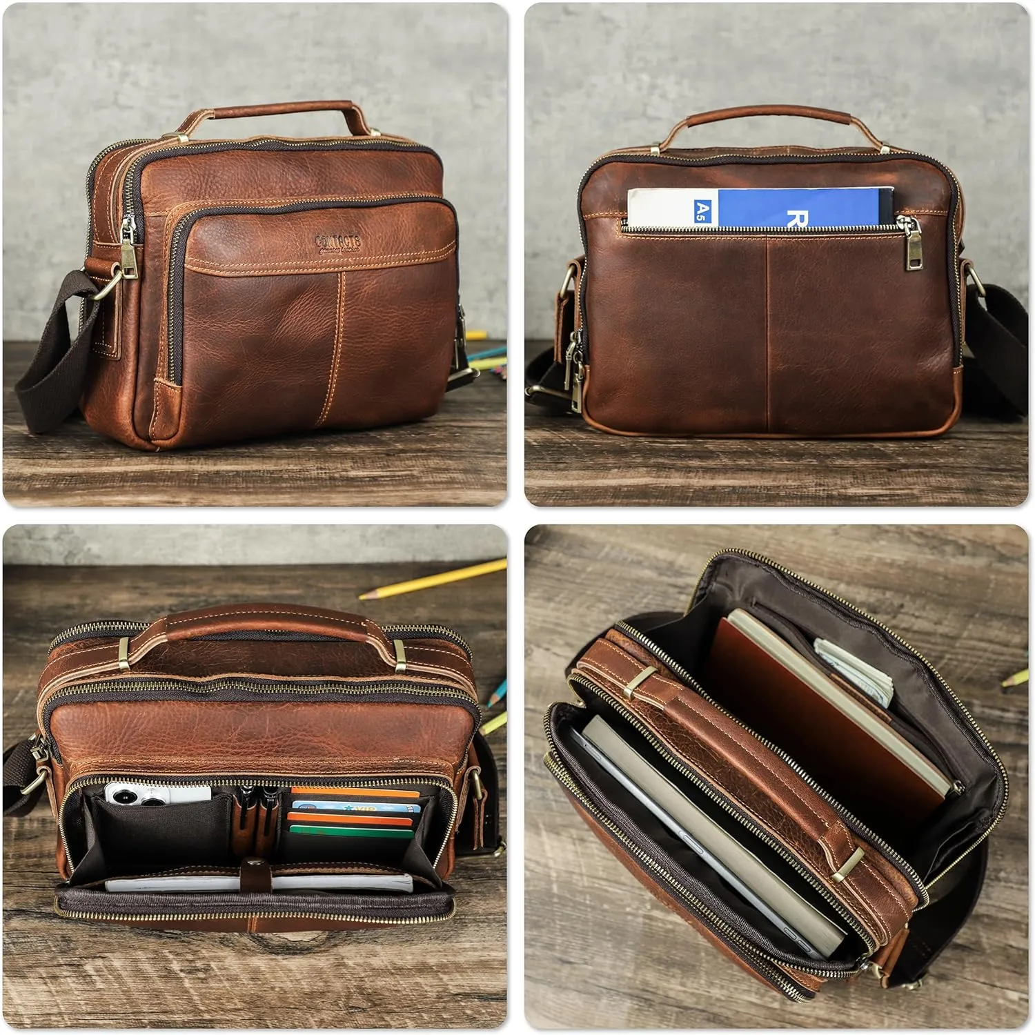Top Grain Leather 11" Messenger Bag for Man & Woman, Multi Pockets, Fits to 8.3"/10.9" iPad for Daily/School/Business/Travel