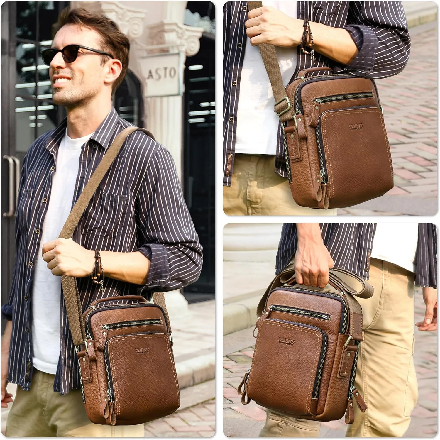 Top Grain Leather 11" Messenger Bag for Man & Woman, Multi Pockets, Fits to 8.3"/10.9" iPad for Daily/School/Business/Travel