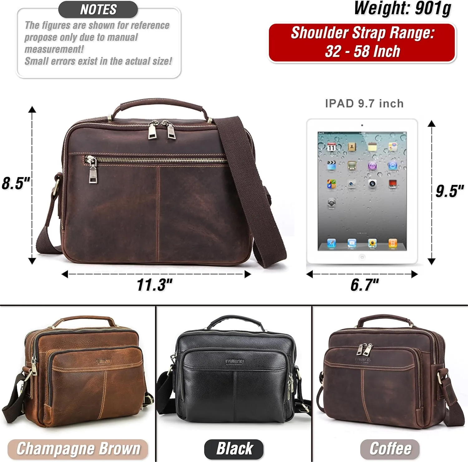 Top Grain Leather 11" Messenger Bag for Man & Woman, Multi Pockets, Fits to 8.3"/10.9" iPad for Daily/School/Business/Travel