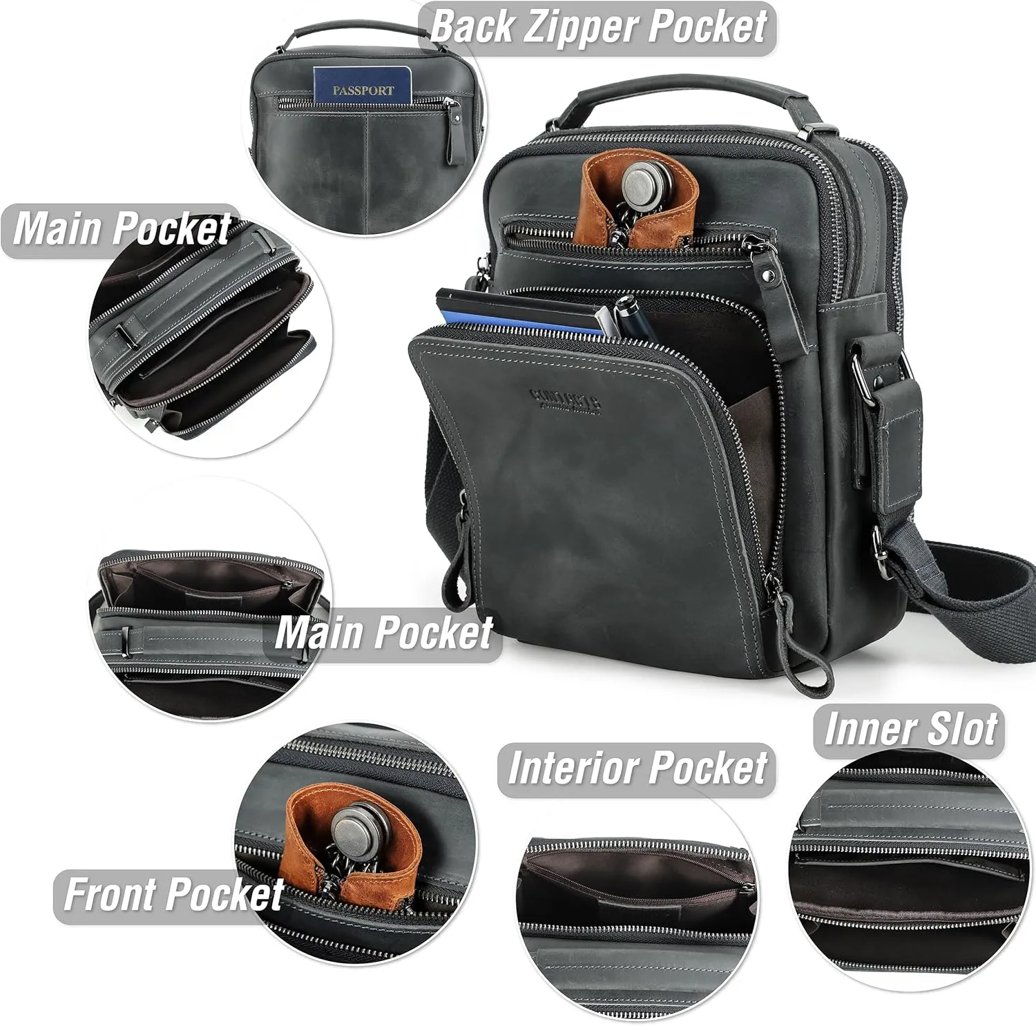 Top Grain Leather 11" Messenger Bag for Man & Woman, Multi Pockets, Fits to 8.3"/10.9" iPad for Daily/School/Business/Travel