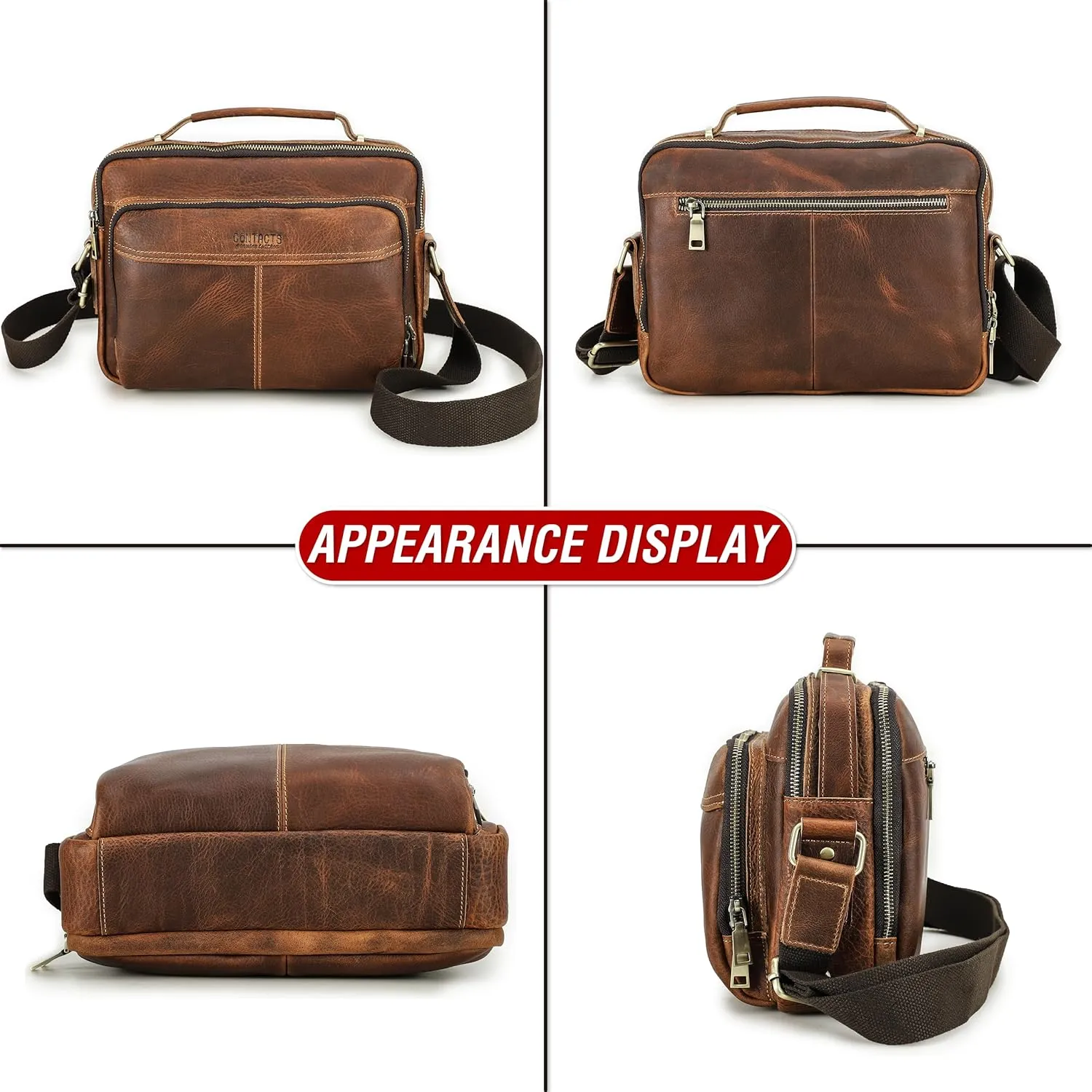 Top Grain Leather 11" Messenger Bag for Man & Woman, Multi Pockets, Fits to 8.3"/10.9" iPad for Daily/School/Business/Travel