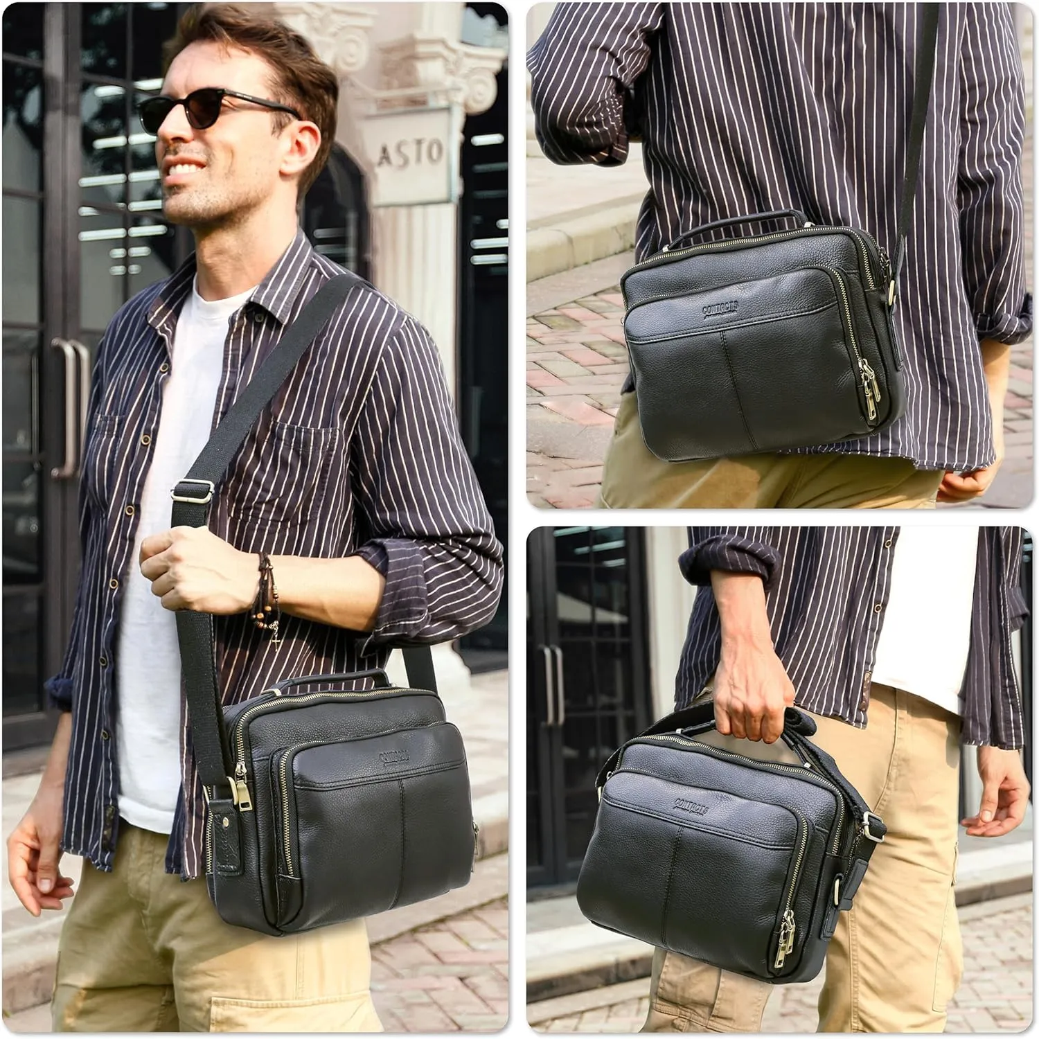 Top Grain Leather 11" Messenger Bag for Man & Woman, Multi Pockets, Fits to 8.3"/10.9" iPad for Daily/School/Business/Travel