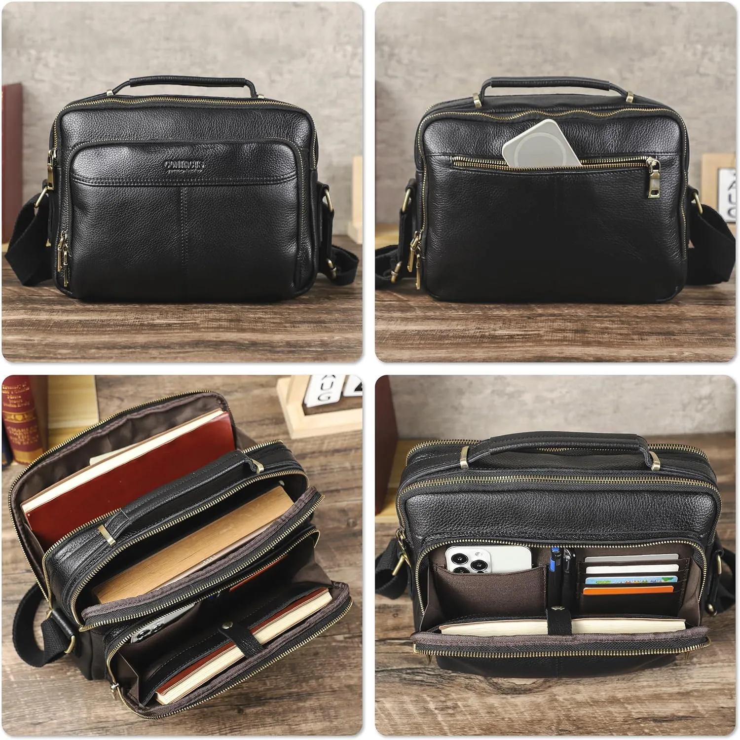 Top Grain Leather 11" Messenger Bag for Man & Woman, Multi Pockets, Fits to 8.3"/10.9" iPad for Daily/School/Business/Travel