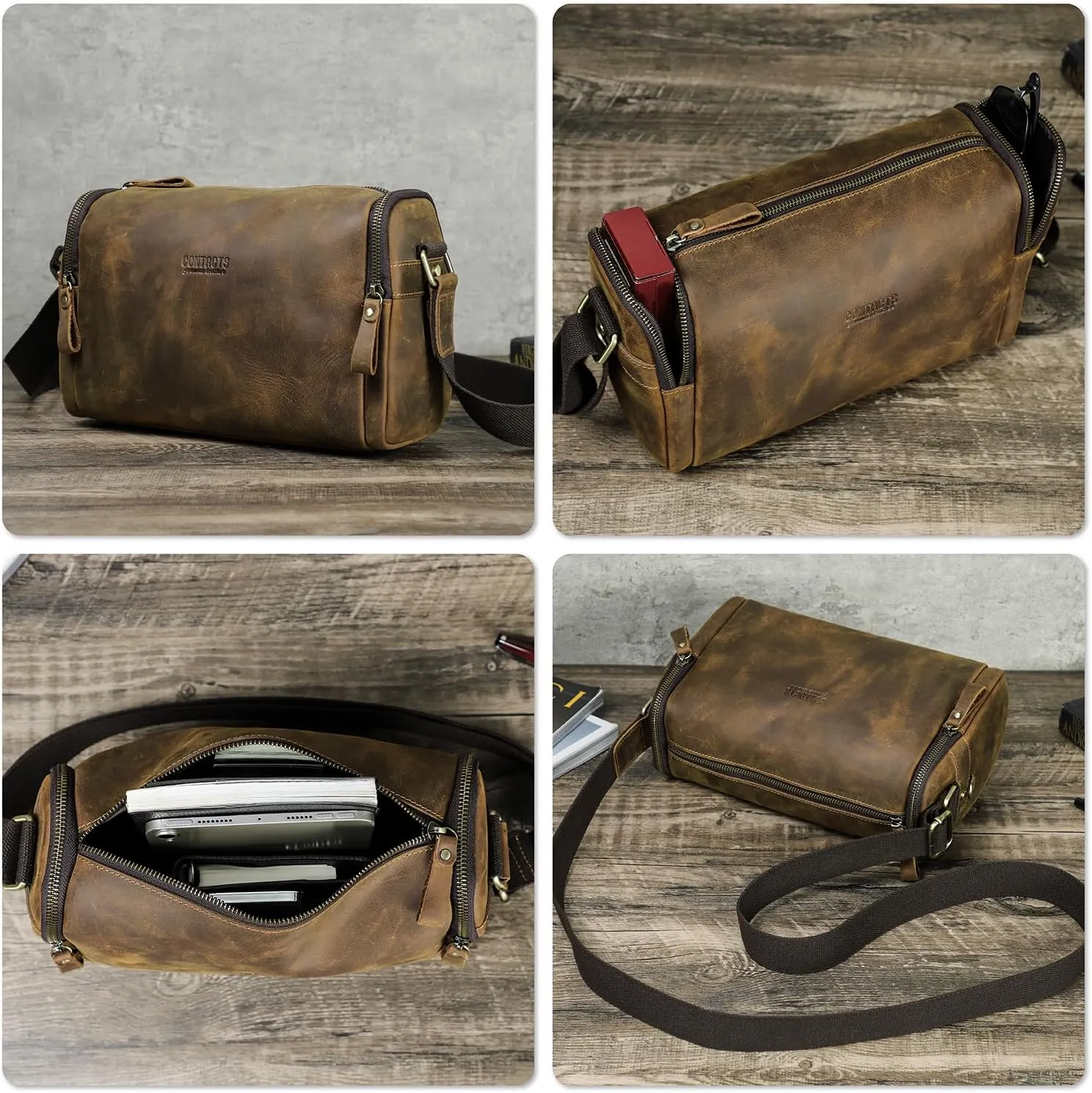 Top Grain Leather 11" Messenger Bag for Man & Woman, Multi Pockets, Fits to 8.3"/10.9" iPad for Daily/School/Business/Travel