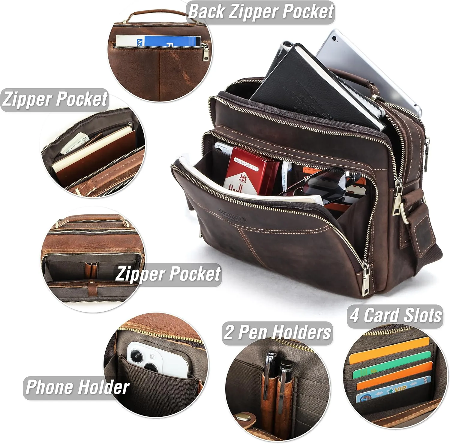 Top Grain Leather 11" Messenger Bag for Man & Woman, Multi Pockets, Fits to 8.3"/10.9" iPad for Daily/School/Business/Travel