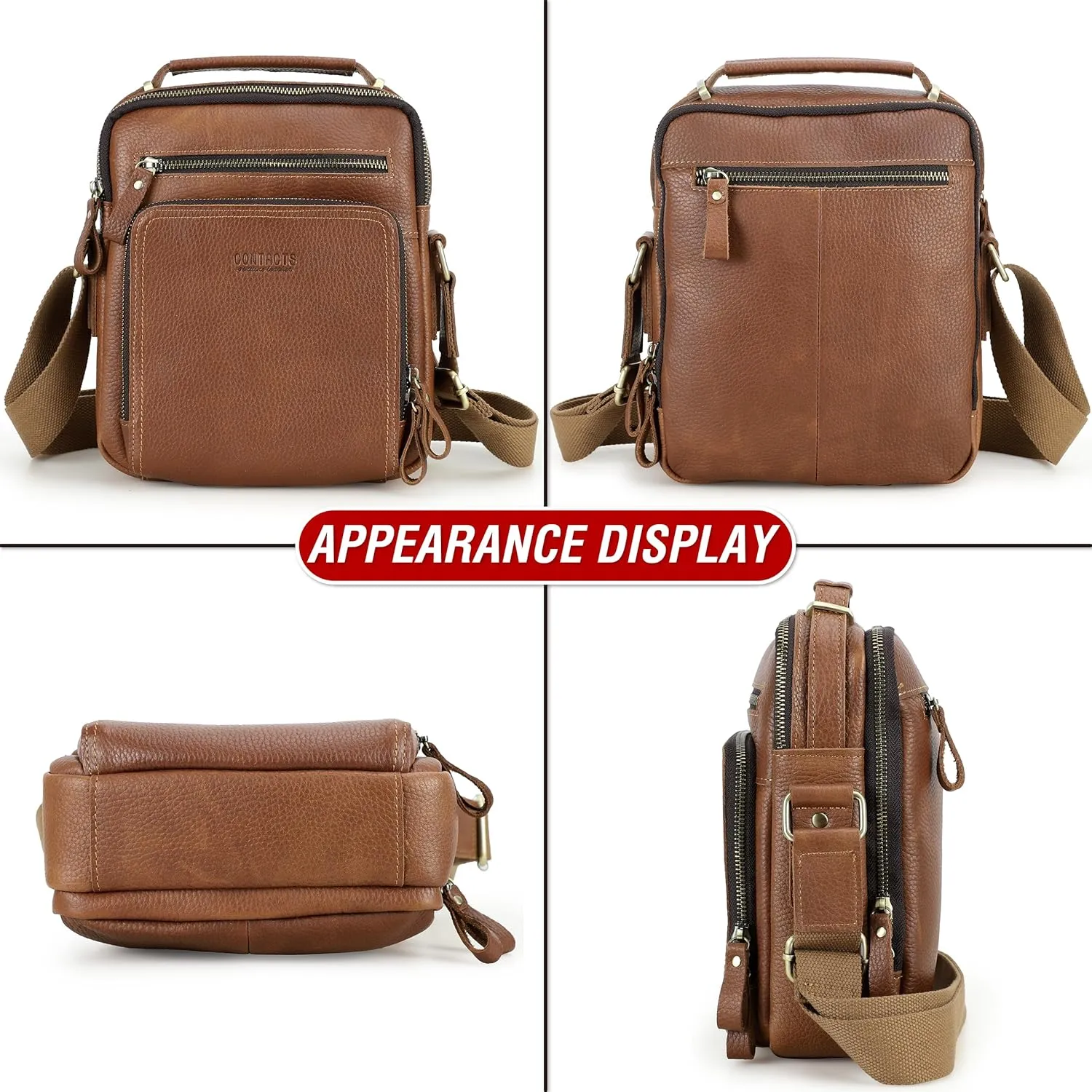 Top Grain Leather 11" Messenger Bag for Man & Woman, Multi Pockets, Fits to 8.3"/10.9" iPad for Daily/School/Business/Travel