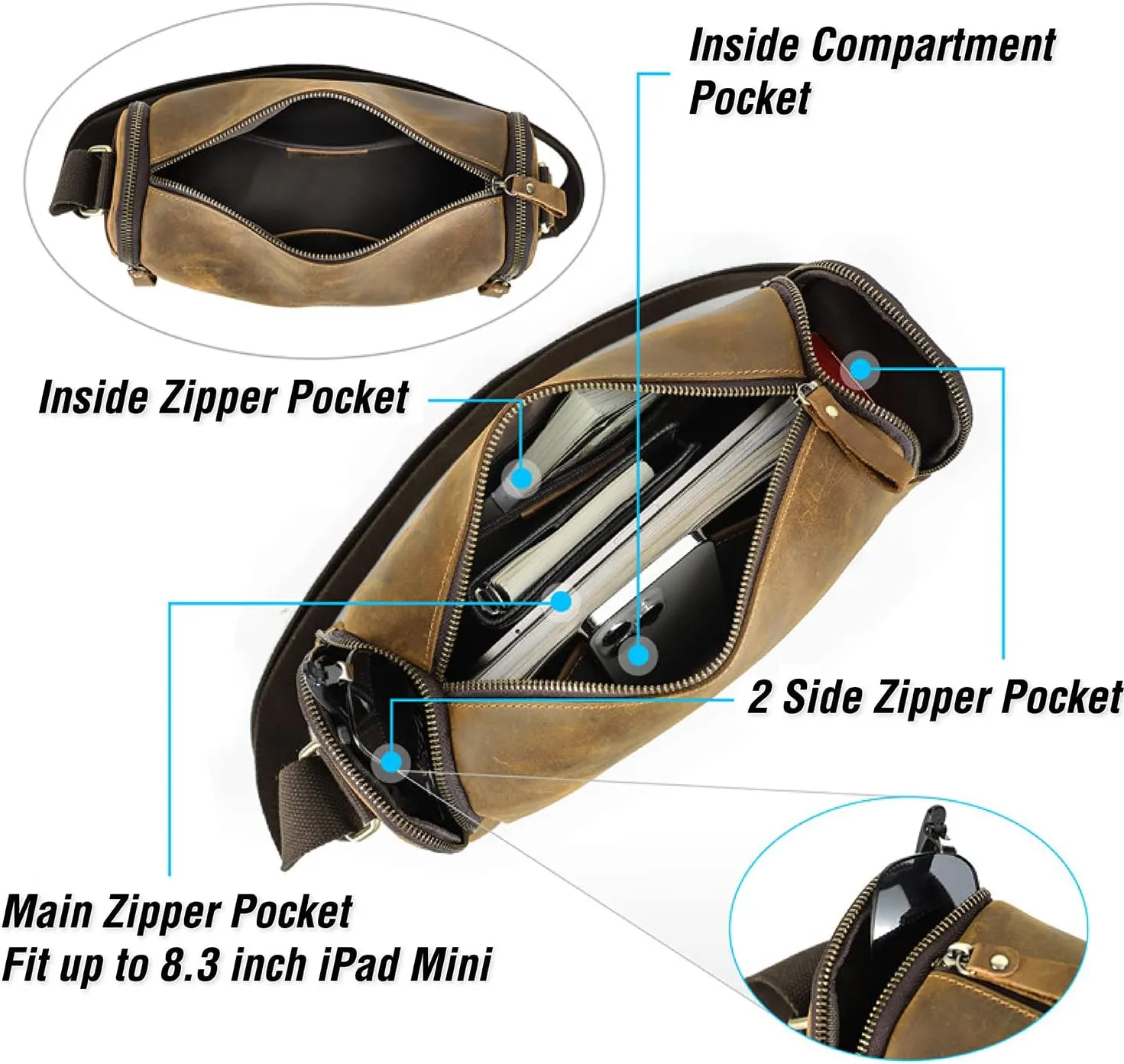 Top Grain Leather 11" Messenger Bag for Man & Woman, Multi Pockets, Fits to 8.3"/10.9" iPad for Daily/School/Business/Travel