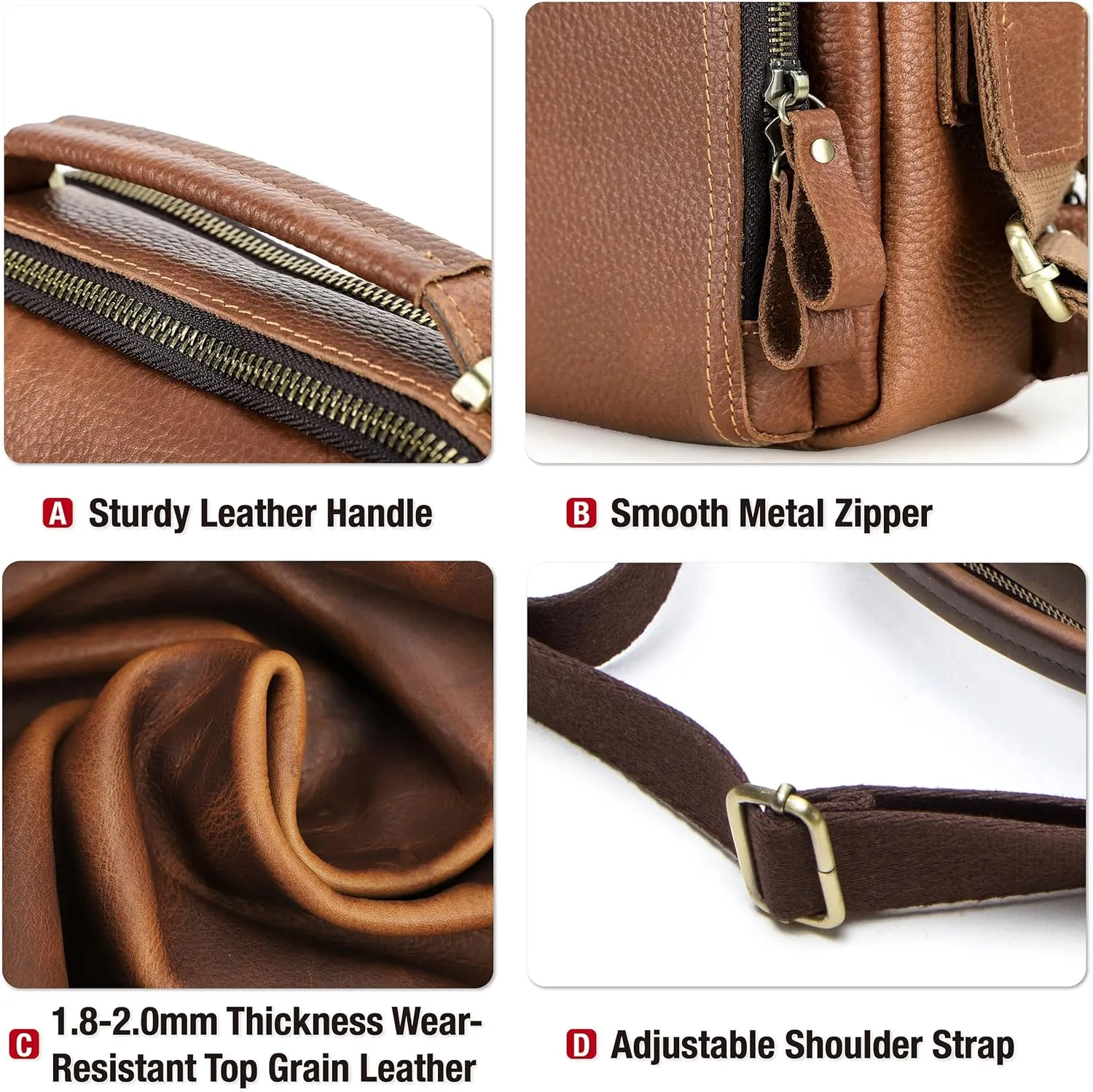 Top Grain Leather 11" Messenger Bag for Man & Woman, Multi Pockets, Fits to 8.3"/10.9" iPad for Daily/School/Business/Travel