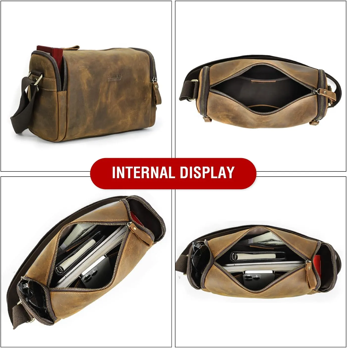 Top Grain Leather 11" Messenger Bag for Man & Woman, Multi Pockets, Fits to 8.3"/10.9" iPad for Daily/School/Business/Travel