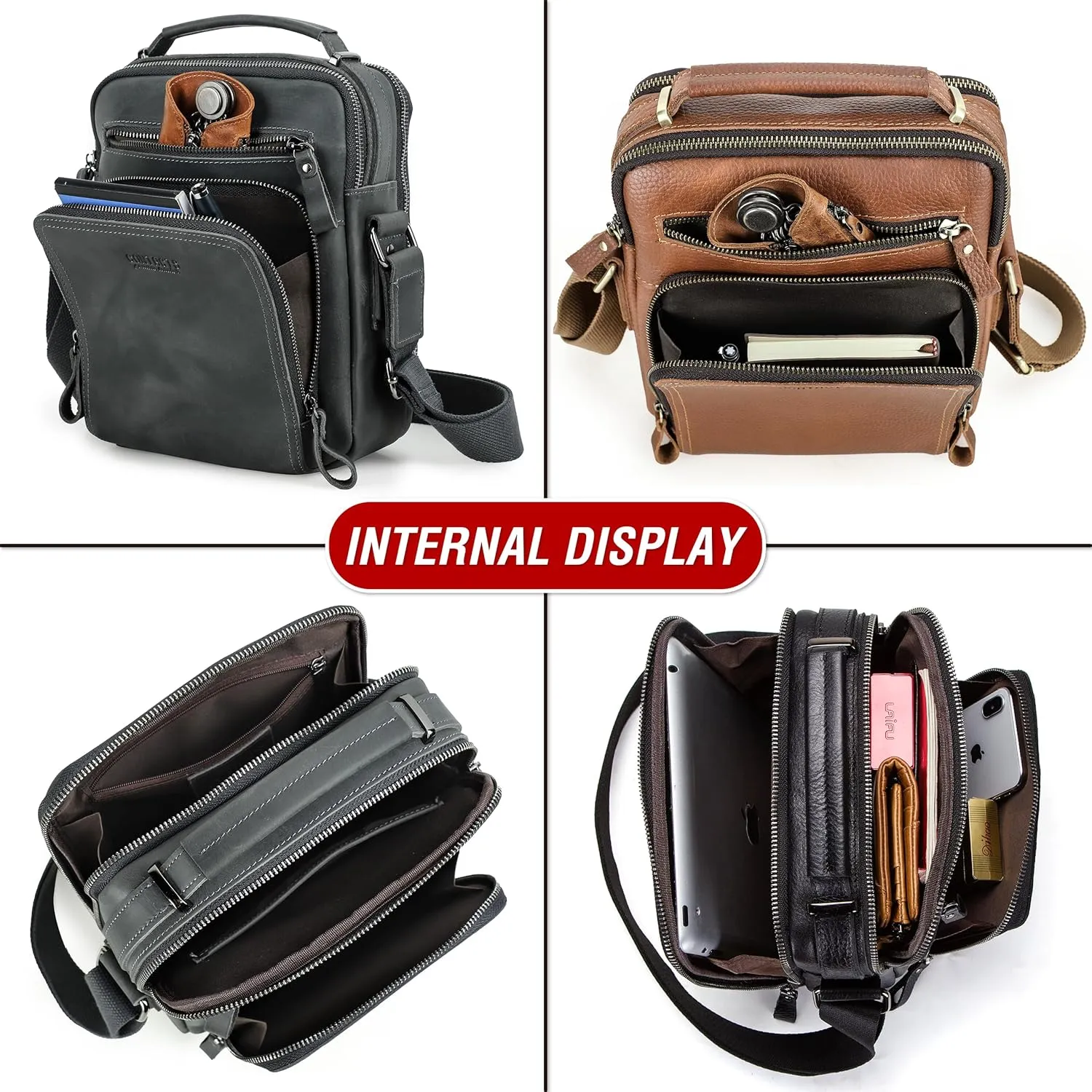 Top Grain Leather 11" Messenger Bag for Man & Woman, Multi Pockets, Fits to 8.3"/10.9" iPad for Daily/School/Business/Travel