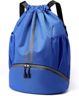 Valleycomfy Sports Drawstring Backpack - Water Resistant String Bag with Side Mesh Pockets Shoe Compartment Gym Backpack for Women & Men Blue