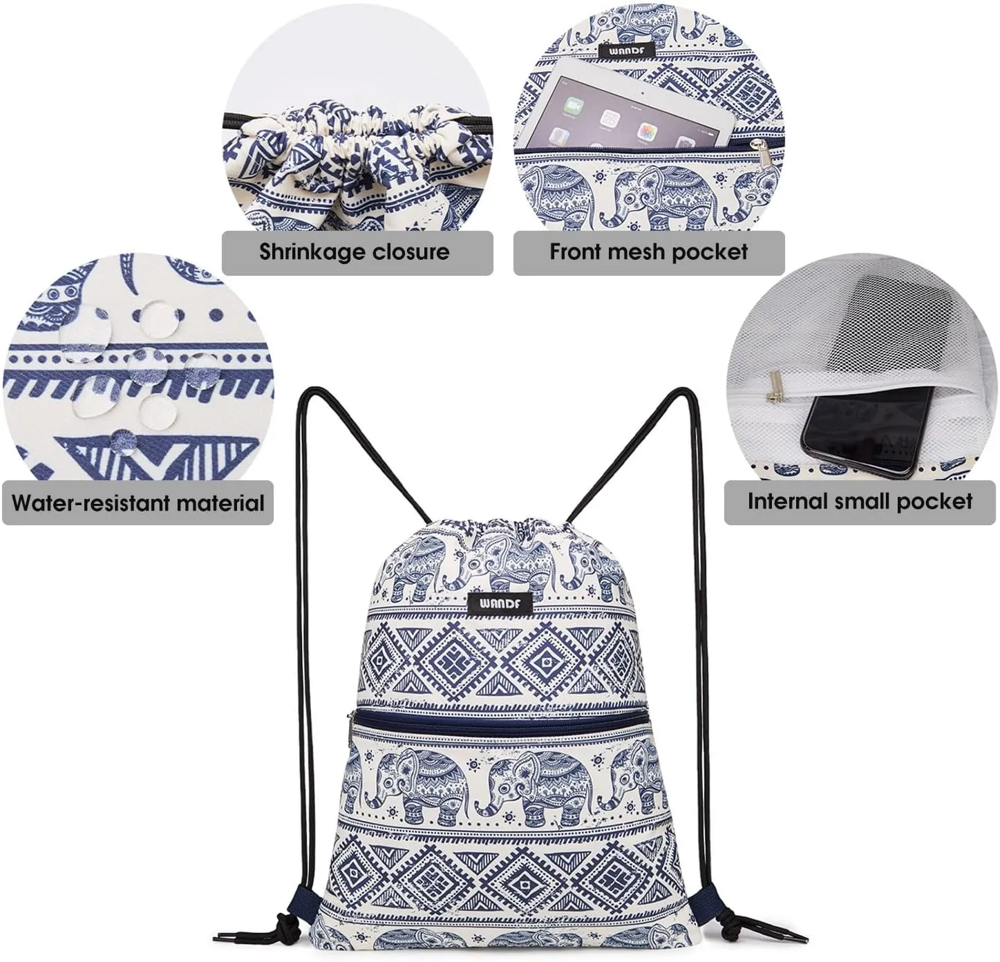 WANDF Drawstring Backpack String Bag Sackpack Cinch Water Resistant Nylon for Gym Shopping Sport Yoga (Blue Elephant with zipper)