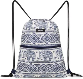 WANDF Drawstring Backpack String Bag Sackpack Cinch Water Resistant Nylon for Gym Shopping Sport Yoga (Blue Elephant with zipper)