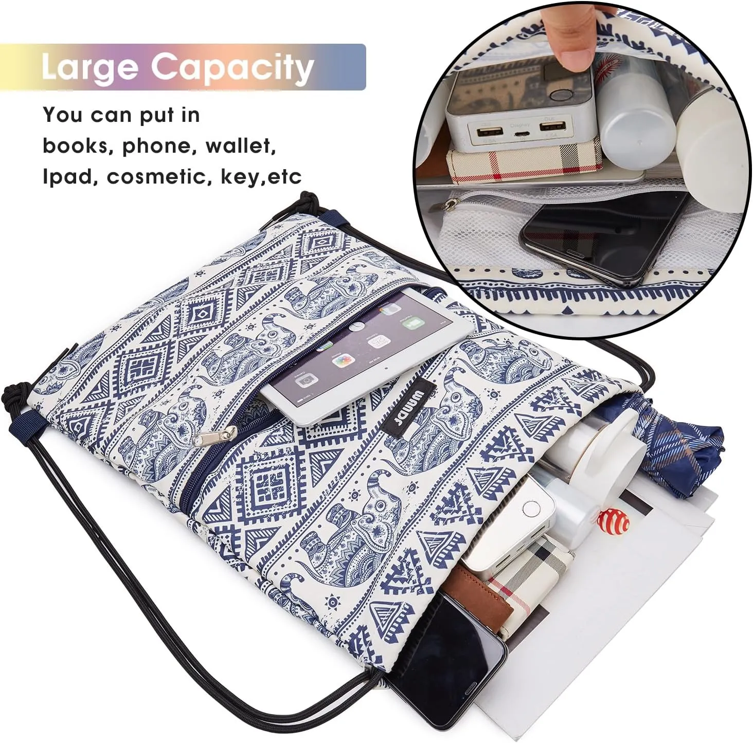 WANDF Drawstring Backpack String Bag Sackpack Cinch Water Resistant Nylon for Gym Shopping Sport Yoga (Blue Elephant with zipper)