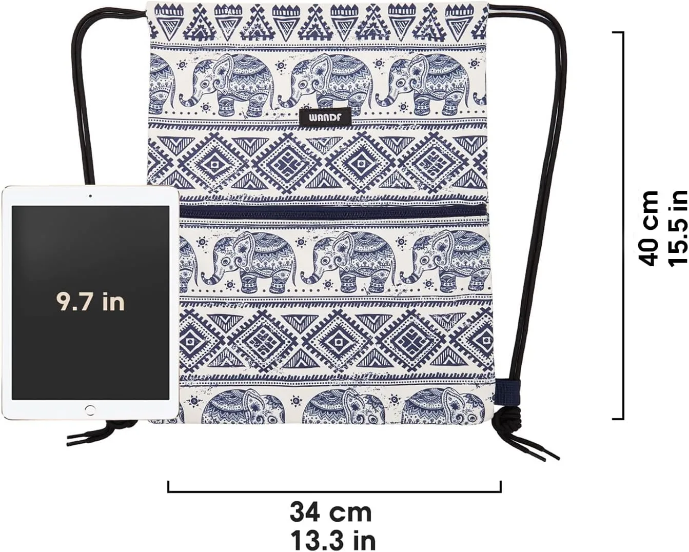 WANDF Drawstring Backpack String Bag Sackpack Cinch Water Resistant Nylon for Gym Shopping Sport Yoga (Blue Elephant with zipper)