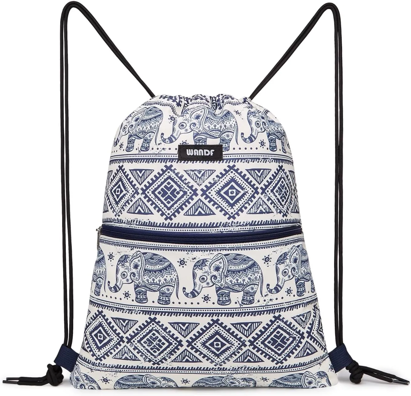 WANDF Drawstring Backpack String Bag Sackpack Cinch Water Resistant Nylon for Gym Shopping Sport Yoga (Blue Elephant with zipper)