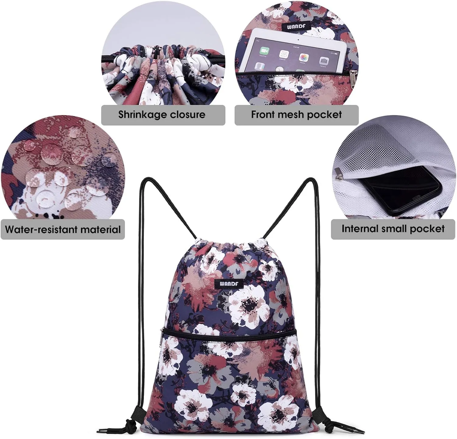 WANDF Drawstring Backpack String Bag Sackpack Cinch Water Resistant Nylon for Gym Shopping Sport Yoga (Blue Flower)