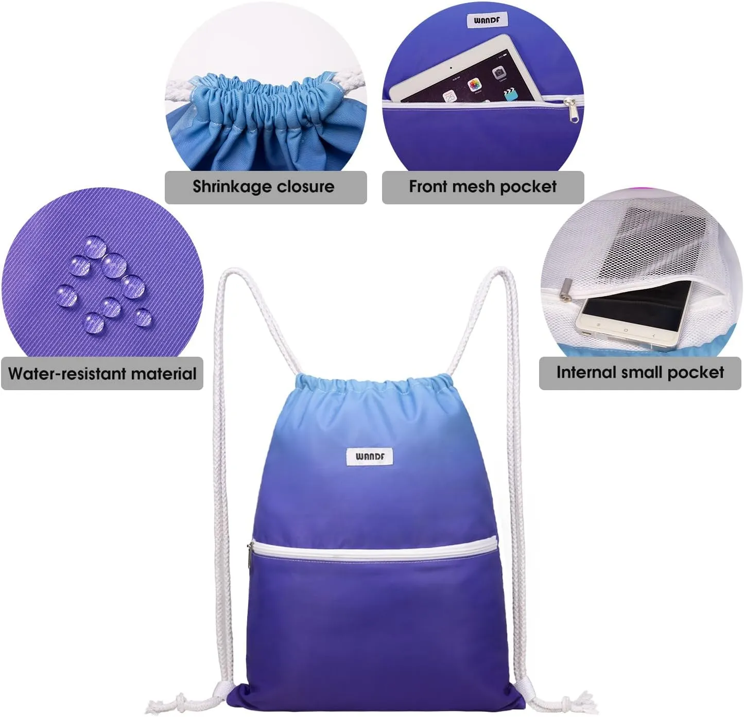 WANDF Drawstring Backpack String Bag Sackpack Cinch Water Resistant Nylon for Gym Shopping Sport Yoga (Blue)